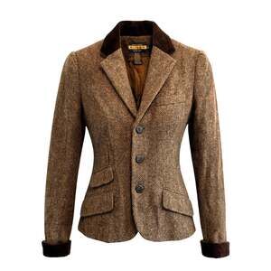 Vintage Ralph Lauren Rugby Brown Tweed Velvet Wool Alpaca Cropped Blazer Size 2